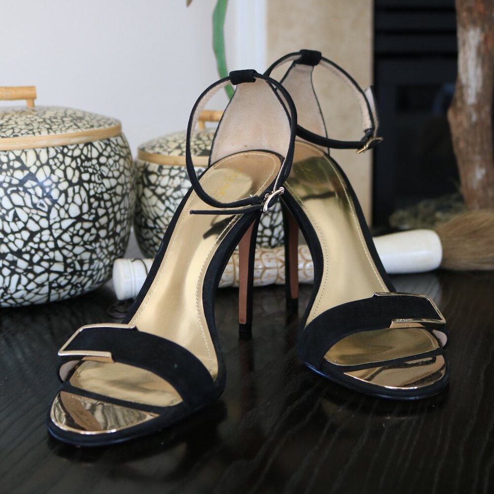 Coach Open-Toe Black Suede and Gold Heels (Size 8.5)